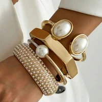 DIEZI 4 Style Exaggerated Round Imitation Pearl Cuff Bangles Women Men Vintage Geometric Metal Spring Bangles Bracelets Jewelry 1