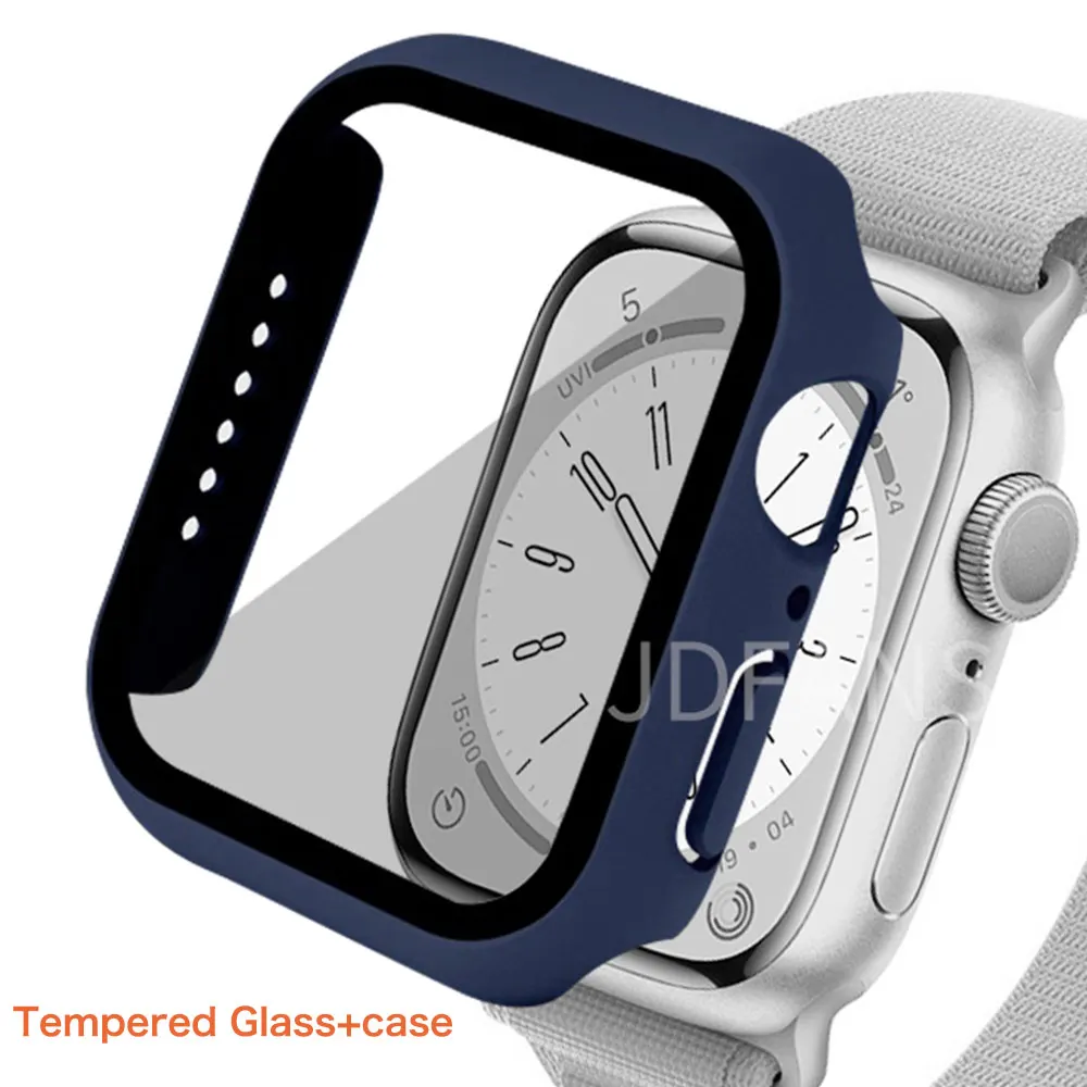 Apple için temperli cam + kapak İzle vaka aksesuarları 45mm 41mm 44mm 40mm 42mm ekran koruyucu Apple izle serie 9 4 5 6 SE 7 8