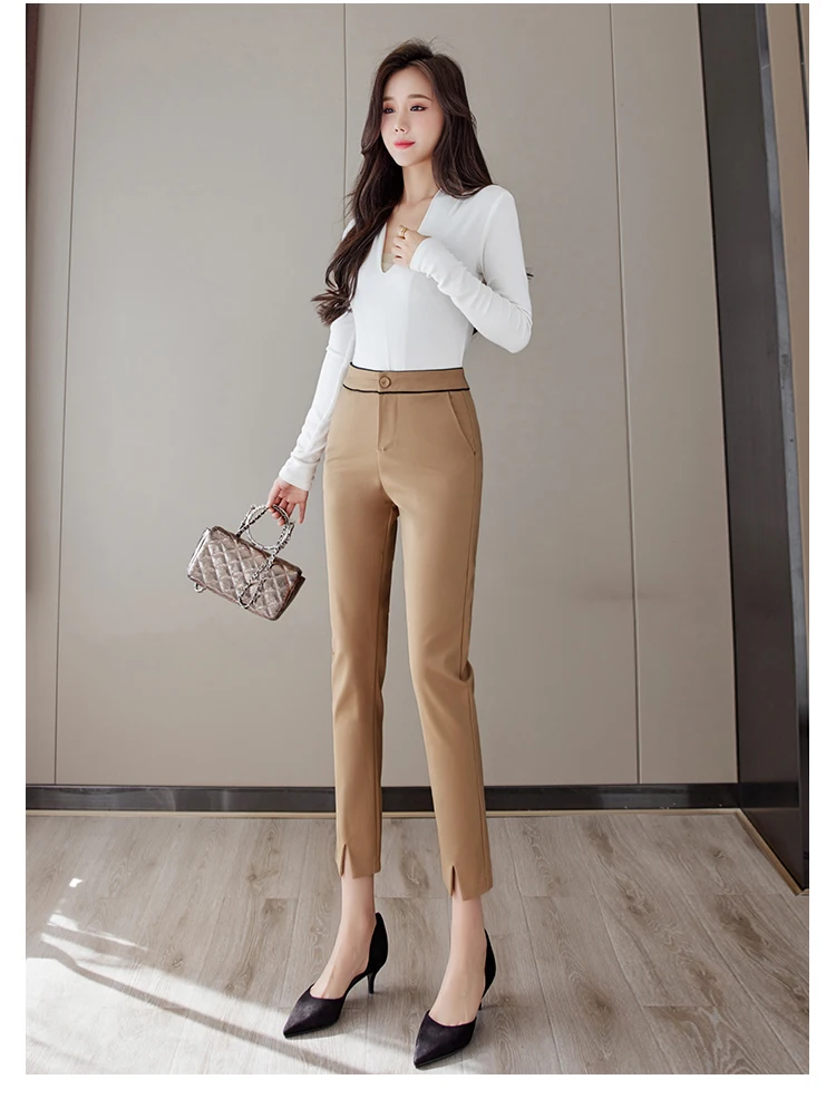 capris 2022 Fashion Korean Style Office Lady Formal Suit Pants Simple Chic Split Mid-Waist Slim Straight Pants Trousers With Pockets dress pants