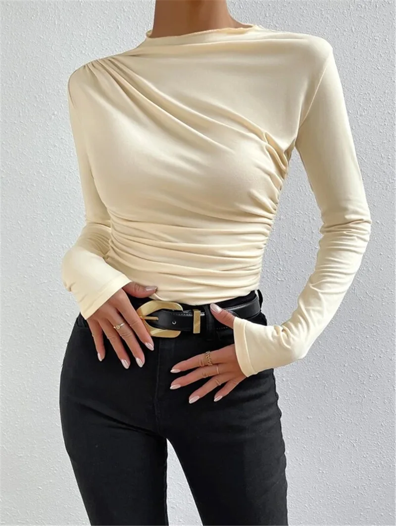 Solid Casual Pleated T-shirt For Women Patchwork Long Sleeve High Waist Inner Ruffled Crop top Ladies Vintage Y2k Top Tee