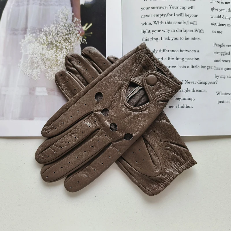 Thin Women's Sheepskin Driver Gloves Summer Breathable Snap Button Colored Genuine Leather Gloves