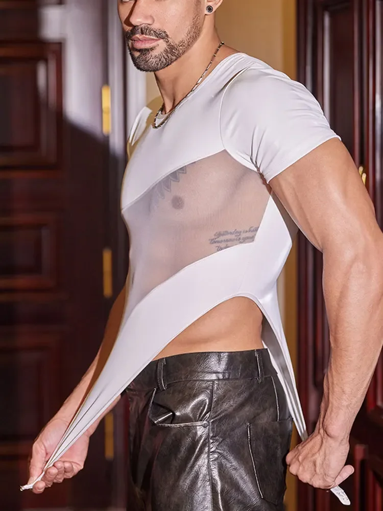 Men PU Mesh Patchwork Bodysuit Tops Crotch Buckle Open Exotic Tights Sexy Shaper Wear Tshirts Sheer See Through