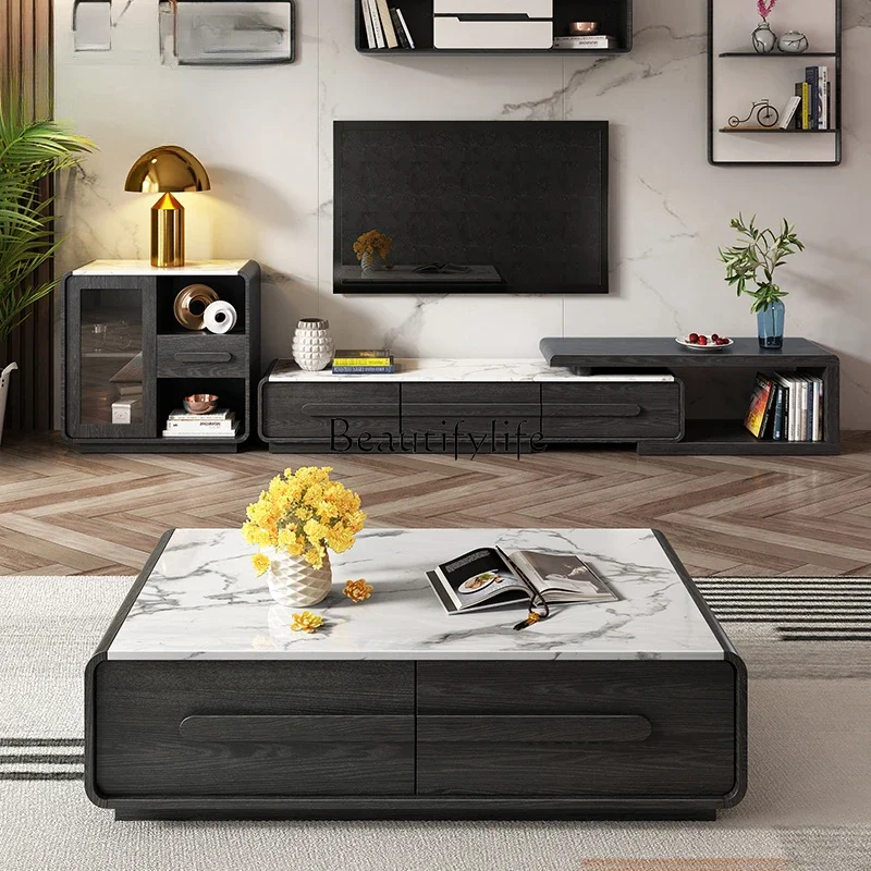 

Marble TV Cabinet and Tea Table Combination Small Apartment Nordic Simple Floor Cabinet Retractable TV Cabinet