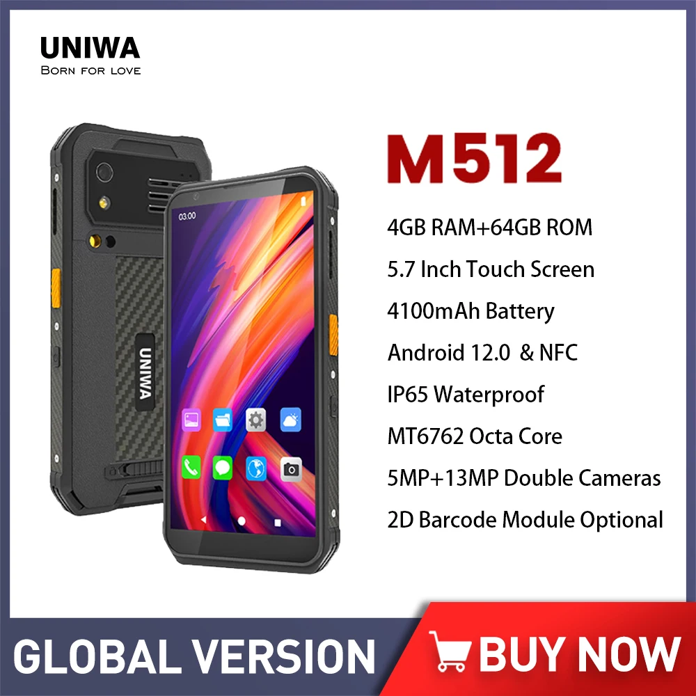 UNIWA M512 5.7 Inch Phone 4GB RAM+64GB ROM Octa-Core Cellphone IP65 13MP Rear Camera 4100mAh Battery Android 12.0 Smartphone NFC