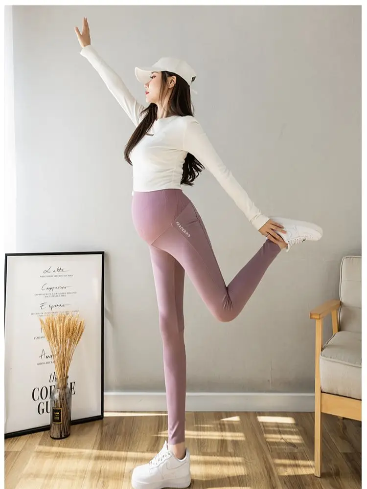 Spring and Autumn Pregnancy Sharkskin Leggings Slim Hips Letters Printed Outside Pants High Waist Pregnant Women Trousers