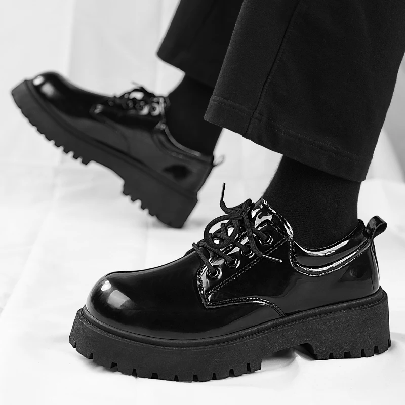 Men Patent Leather Shoes Round Toe Casual Platform Business Shoes Fashion Wedding Banquet Party Formal Dress STRONGSHEN