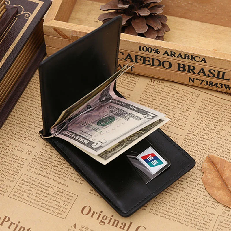 New Fashion Small Men's Leather Money Clip Wallet With Coin Pocket Card Slot Cash Holder ID Bag Magnet Hasp Mini Purse For Male 4