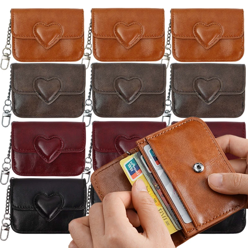1pcs Pu Leather Wallet Heart Shaped Buckle Portable Mini Purse Multi-card Slots Anti-magnetic Card Holder Bags for Women Men