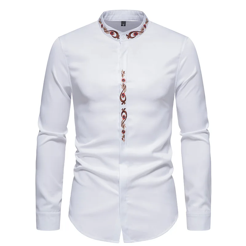 

Mens White Embroidery Button Up Shirts Hipster Slim Fit Long Sleeve Mandarin Collar Shirt Men Work Business Casual Chemise Homme