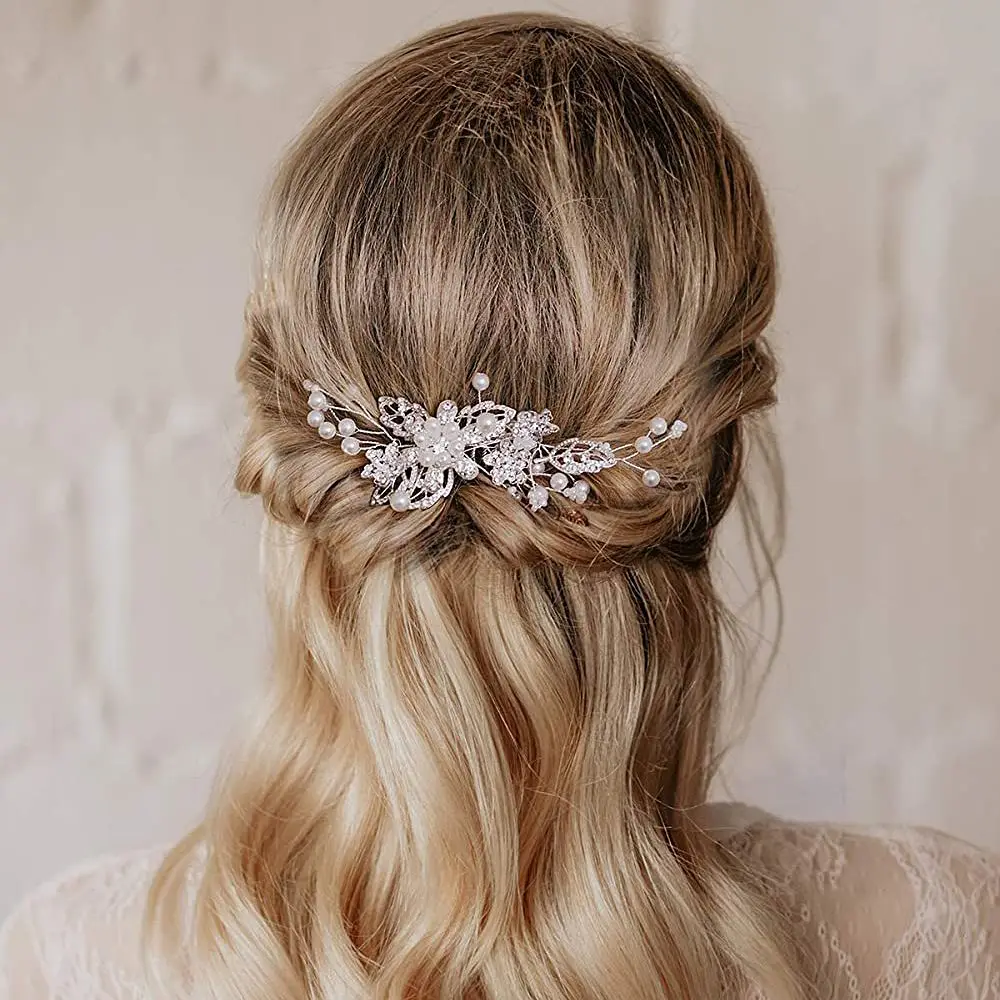 HP342 Women Hair Combs Bridal Headwear Silver Bride Headdress Diamond-Studded Pearl Beaded Wedding Party Bridal Hair Accessories