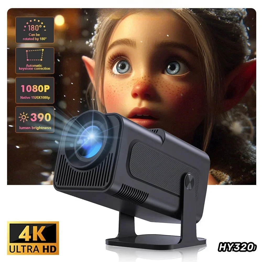 Projetor HY320 Android 11 WiFi 6 BT 5.0 390ANSI Allwinner H713 1080P 4K Suporte para casa ao ar livre Mini port&aacute;til laser projector