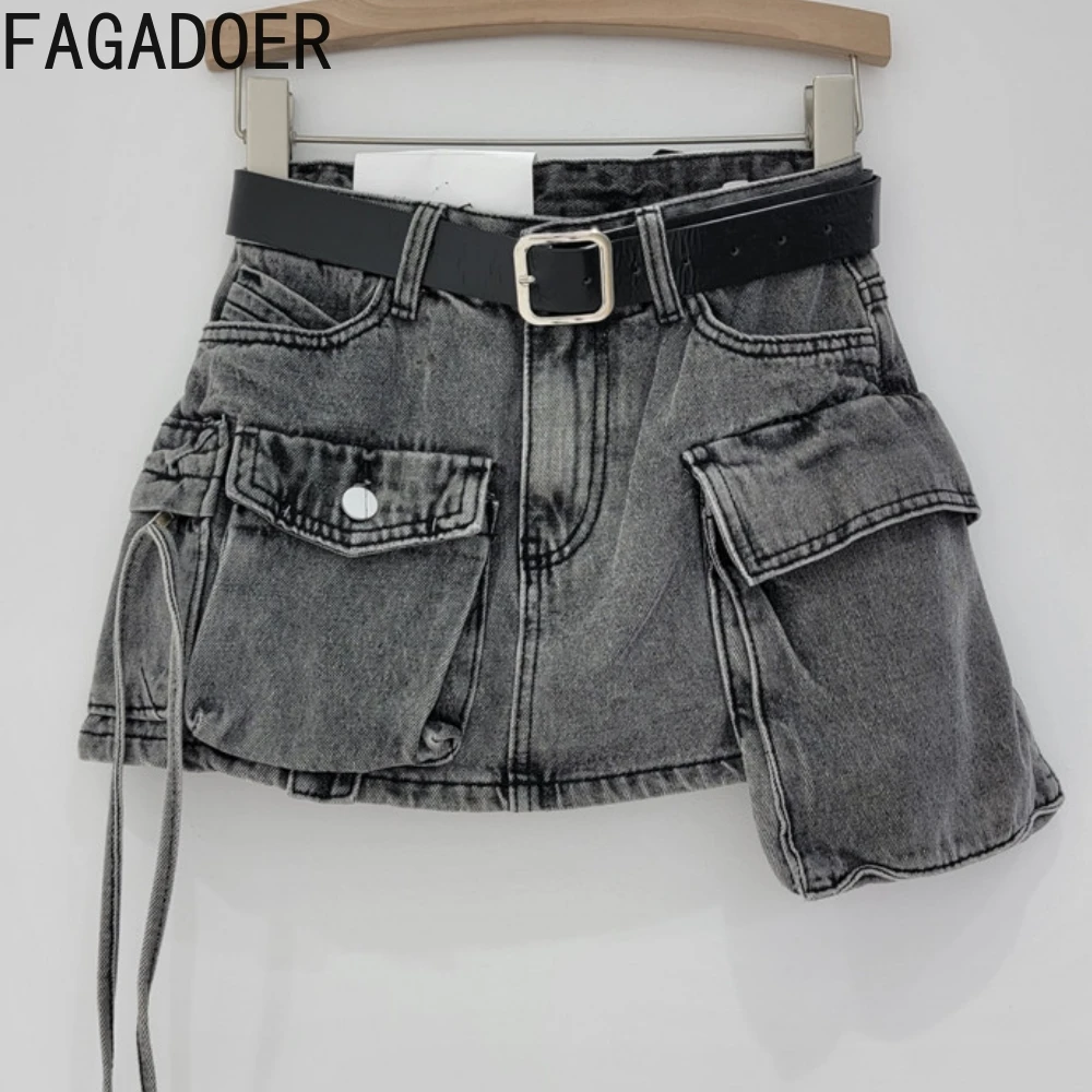 FAGADOER Vintage Denim Mini Skirts Women Cargo Shorts Skirts Y2k Streetwear Fashion Pockets Patchwork Jeans Female Casual Skirts fashion gradient multiple pockets design jeans women s single button high waist denim pants 2023 autumn female new