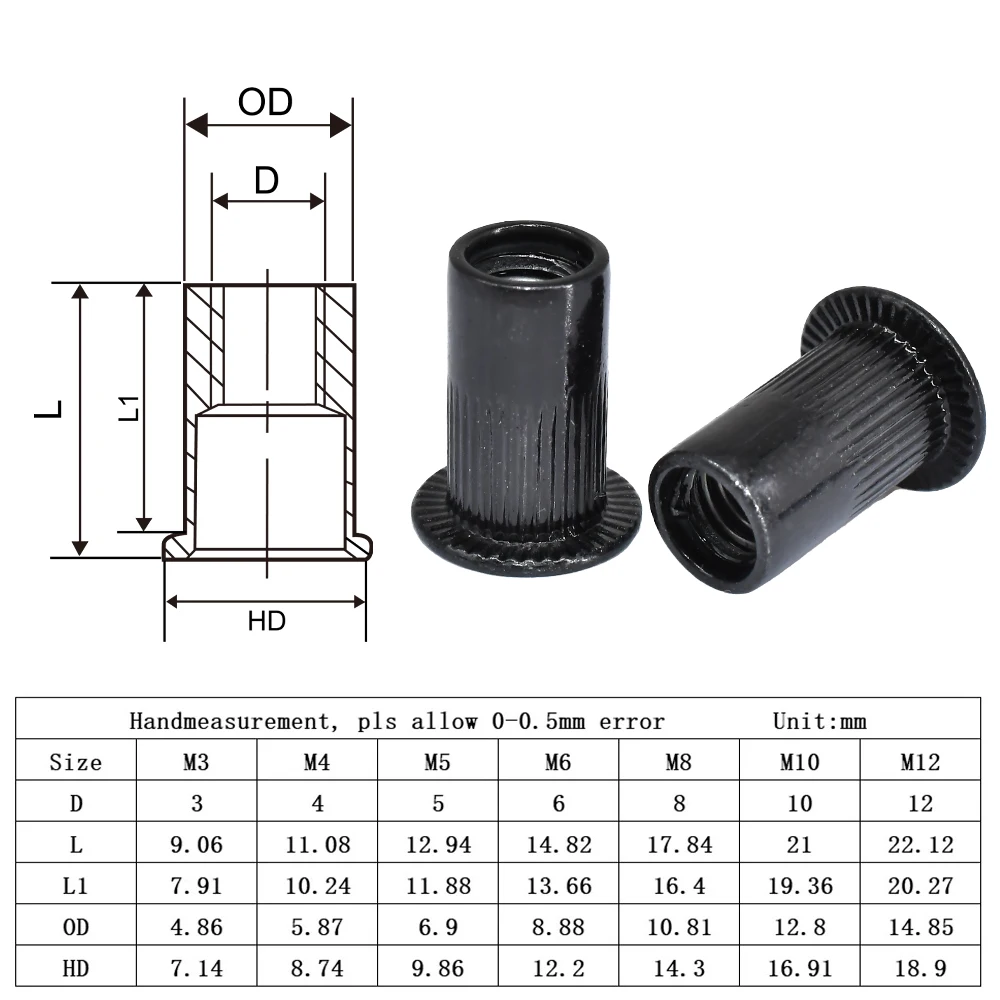 Flat Rivet Nut M3 M4 M5 M6 M8 M10 M12 Black Carbon Steel Flat Head Threaded Rivet Insert Nutsert Cap Rivets Nuts 5-50pcs rivets and fasteners rivets and screws