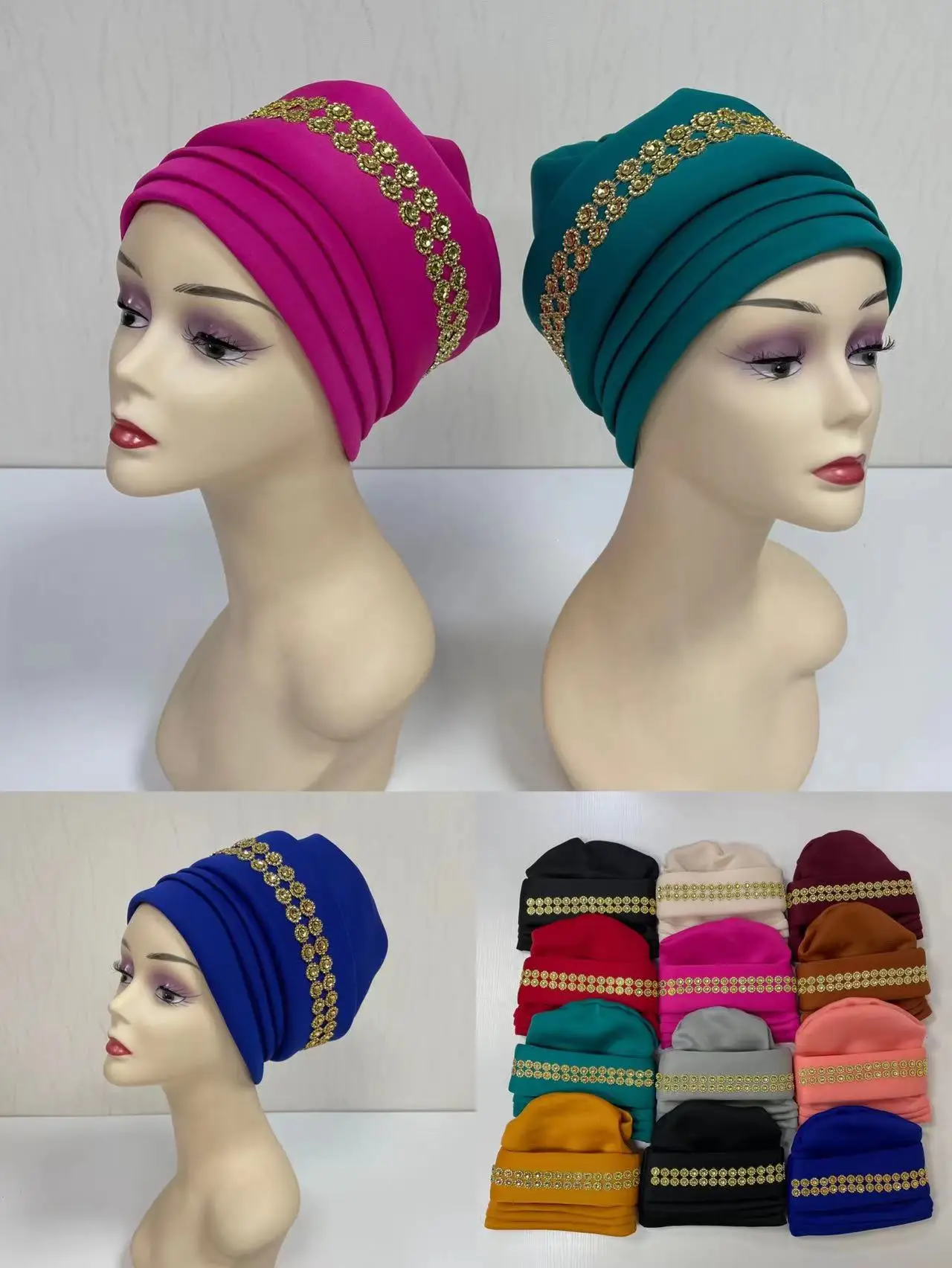 

Nice African Turban Women Shinning Stones Head Wrap Nigeria Headtie Auto Gele Muslim Headscarf Bonnet Turbante Mujer 12 Pcs/pack