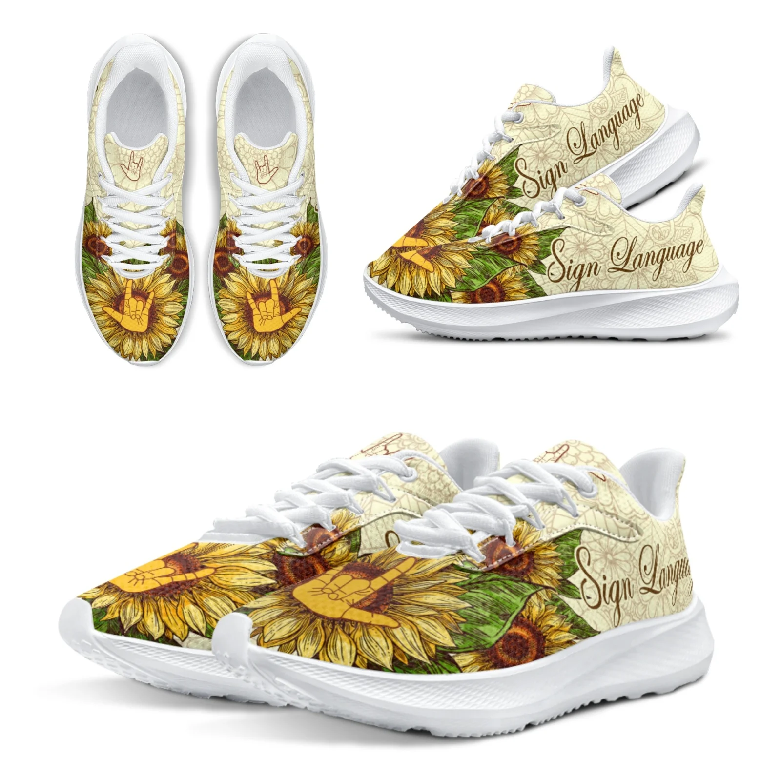 

INSTANTARTS Boho Sign Language Printed Luxury Brand Running Shoes Sunflower Women's Hippie Sneakers Girls's Outdoor Casual Shoes