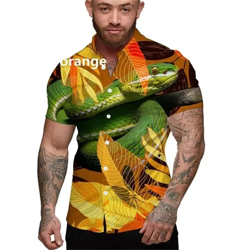 Camisas con estampado de serpiente en 3D, camisas hawaianas de manga corta de gran tamaño para playa, camisas y blusas casuales con botones para hombres