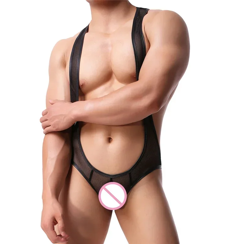 Men Transparent Mesh Thong Bodysuit Jockstrap Wrestling Singlets Jumpsuits Male See Through Erotic Underwear Bodywear Lingeries