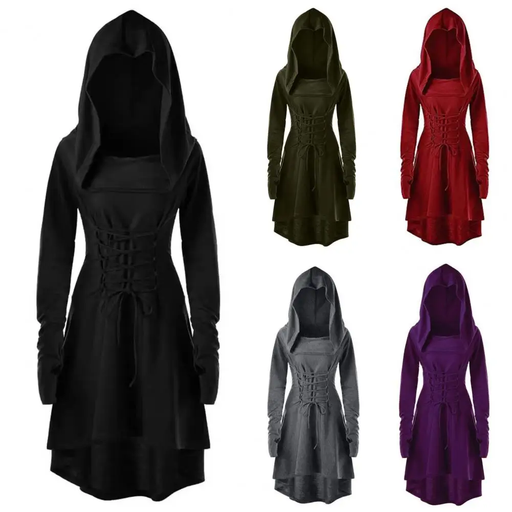 Women Cosplay Dress Gothic Lace-up Strap Hooded Long Sleeves Theme Parties Role-Playing Festival Halloween Midi Dress