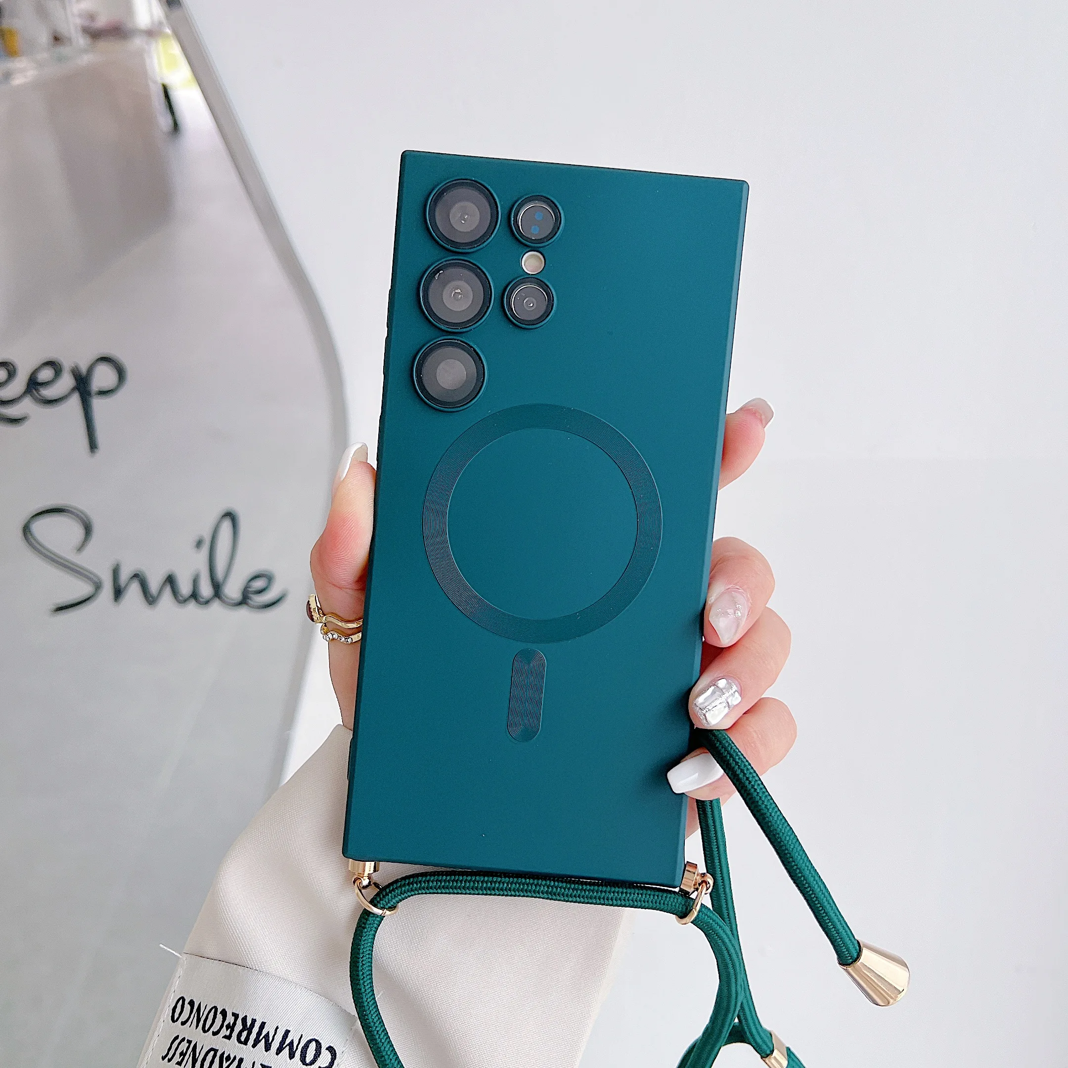 thumbnail image 1 of Crossbody Necklace Lanyard Cord Rope For Magsafe Matte Plating Case For Samsung S24 S23 Ultra S22 Plus S20 Shockproof Soft Cover, 1 of 5