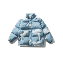  2022 Winter Harajuku Cotton Padded Jacket Men Parka Blue Sky Clouds Print Streetwear Unisex Couples Oversize Bubble Coat 