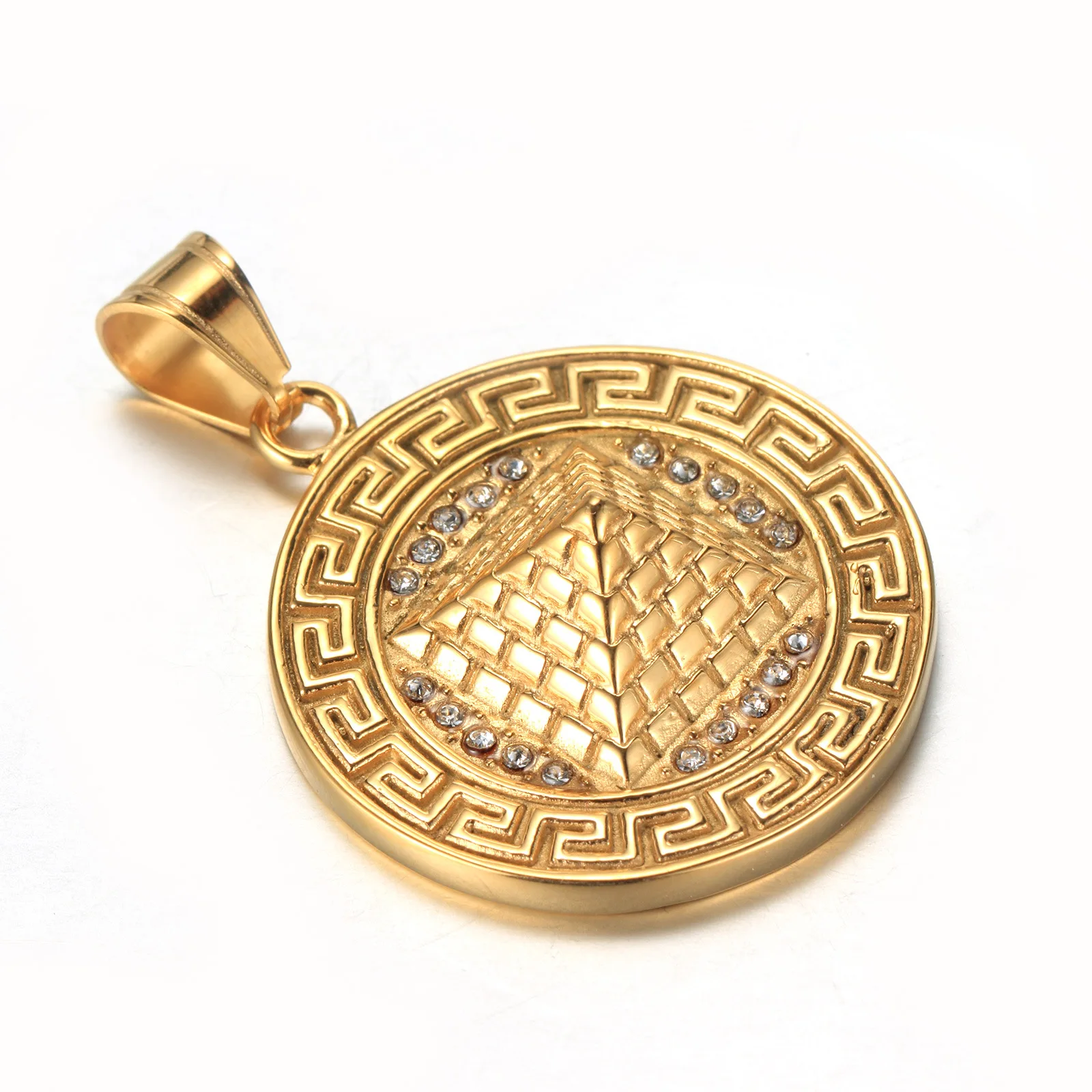 Megin D Stainless Steel Titanium Yellow Gold Plated Punk Pyramid Round Pendant Collar Chains Necklace for Men Women Gift Jewelry