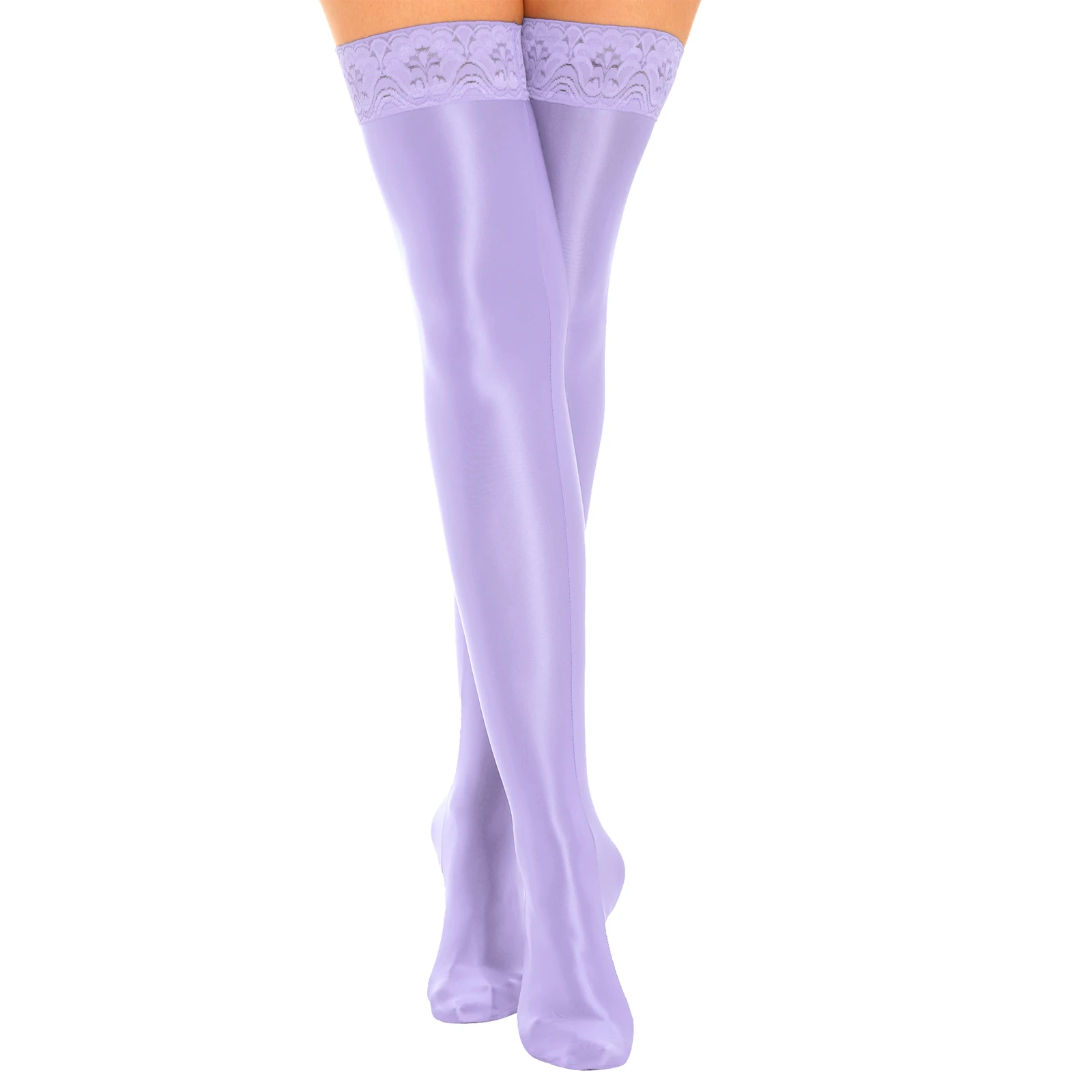 

Womens Glossy Smooth Leggings Solid Color Anti-skid Silicone Lace Trim Thigh High Socks Costume Accessories Stockings