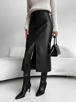 Jupe en cuir taille haute femmes fente avant printemps automne jupe longue taille haute bureau dame jupes minces élégant Ropa De Mujer 1
