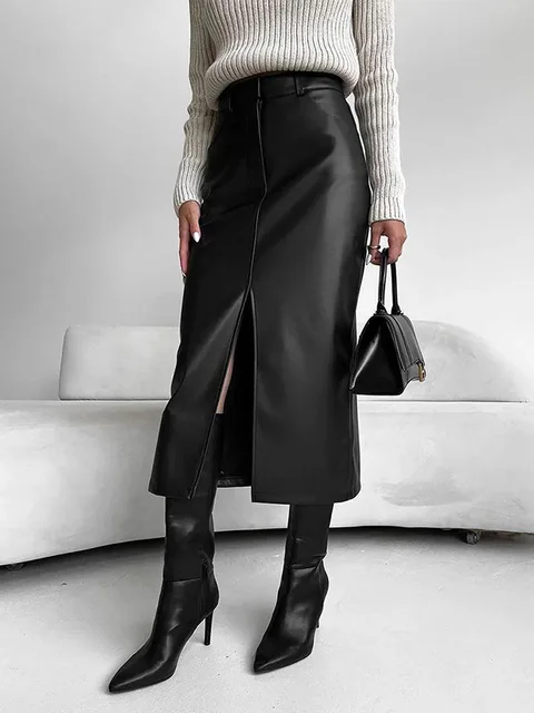 Jupe en cuir taille haute femmes fente avant printemps automne jupe longue taille haute bureau dame jupes minces élégant Ropa De Mujer 1