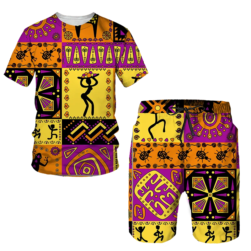 Men's African Style Summer Tracksuit Ethnic Totem Print T-Shirt Shorts Set Casual Clothing Vintage Oversized Fashion Outfits