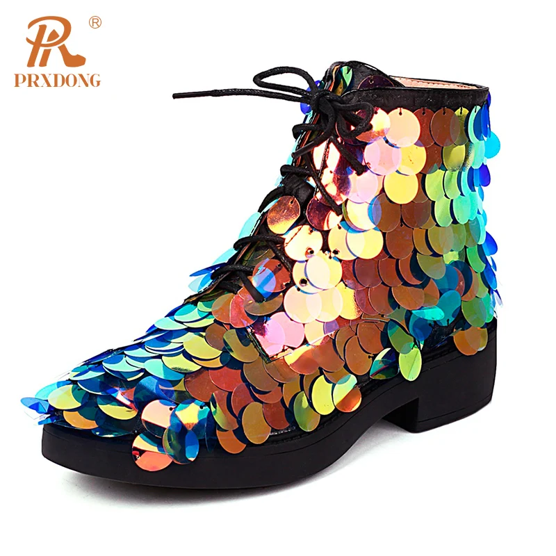 

PRXDONG New Classics Autumn WInter Shoes Woman Ankle Boots Med Heels Platform Lace Up Punk Dress Party Female Street Style Shoes