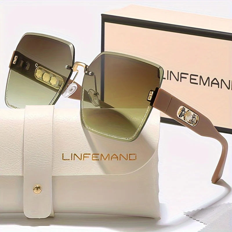 نظارات شمسية عصرية متدرجة بدون إطار من LINFEMAND بإطار بلاستيكي مزين بالزهور اللؤلؤية مع حافظة لهدية مهرجان الصيف للنساء