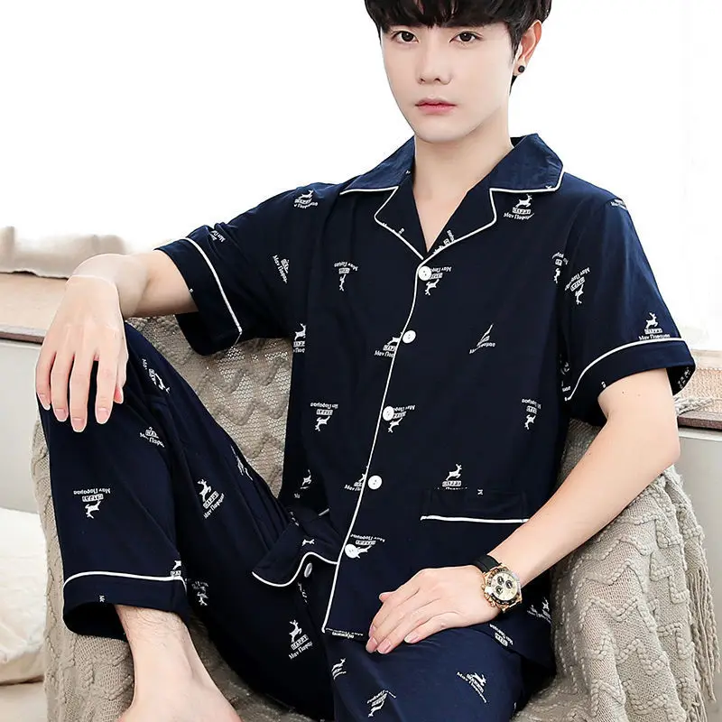 Luxury Brand Sleepwear Men Pajama Sets Short Sleeve Cardigan Pants Two Pieces Loungewear Nightwear Summer Autumn Lounge Sets