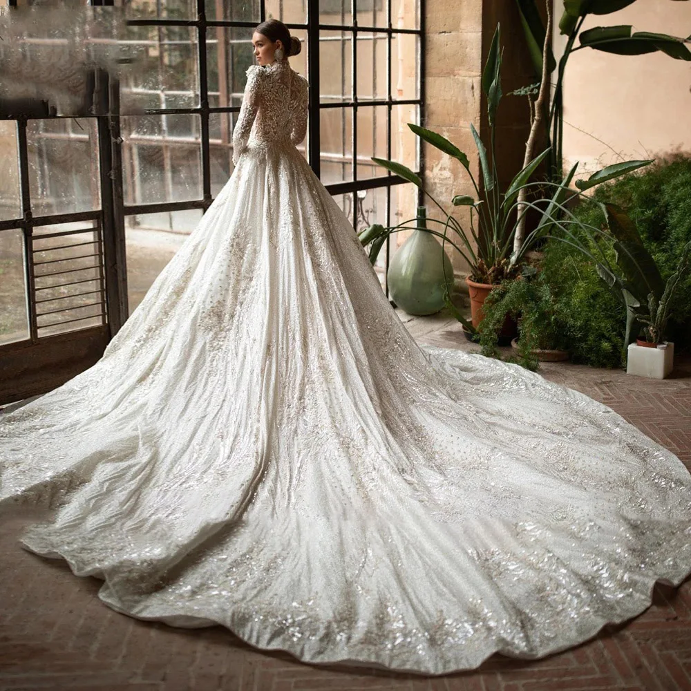 A Line Royal Wedding Dresses High Neck Lace