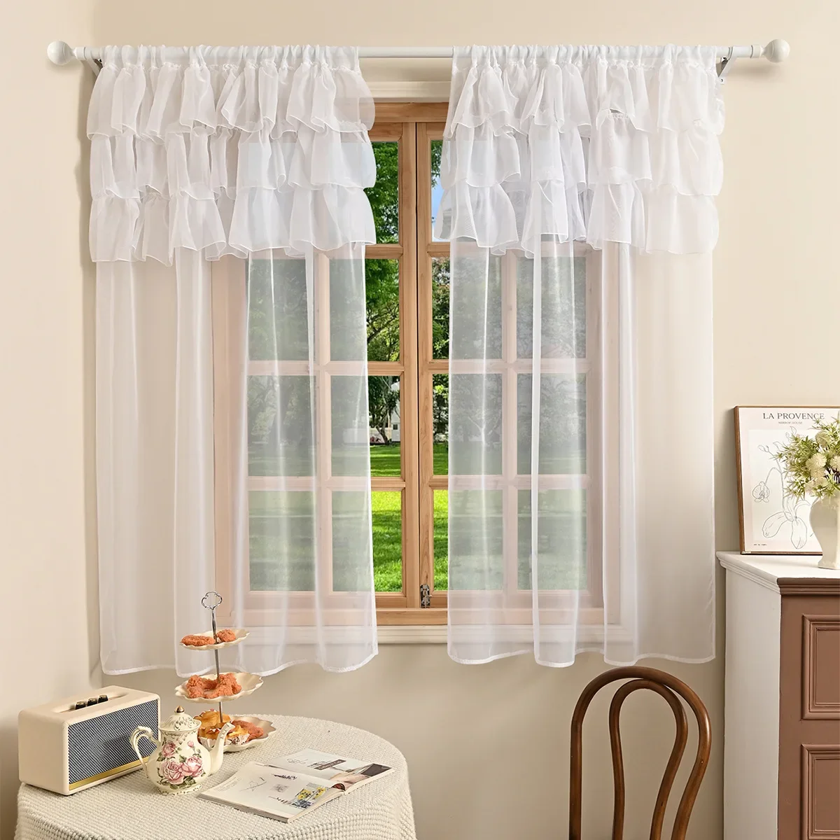 1pc Solid Colour 3 Laces Sheer Curain, Lace Curtains for Living Room, Bedroom