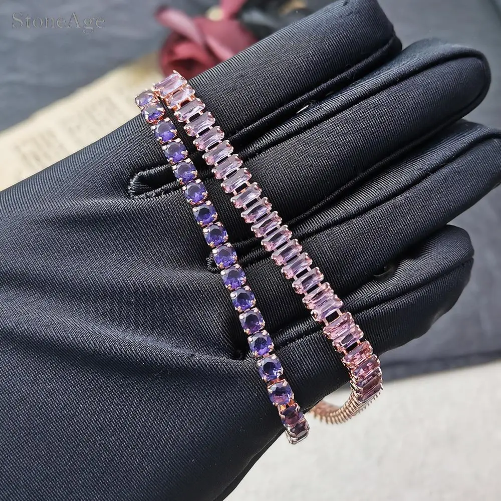 Verstellbare Faltschließe, trendige lila Zirkonia-Kristall-Tennisarmbänder für Frauen, zierliche Handkette, Geschenke für Damenschmuck – Detail 8