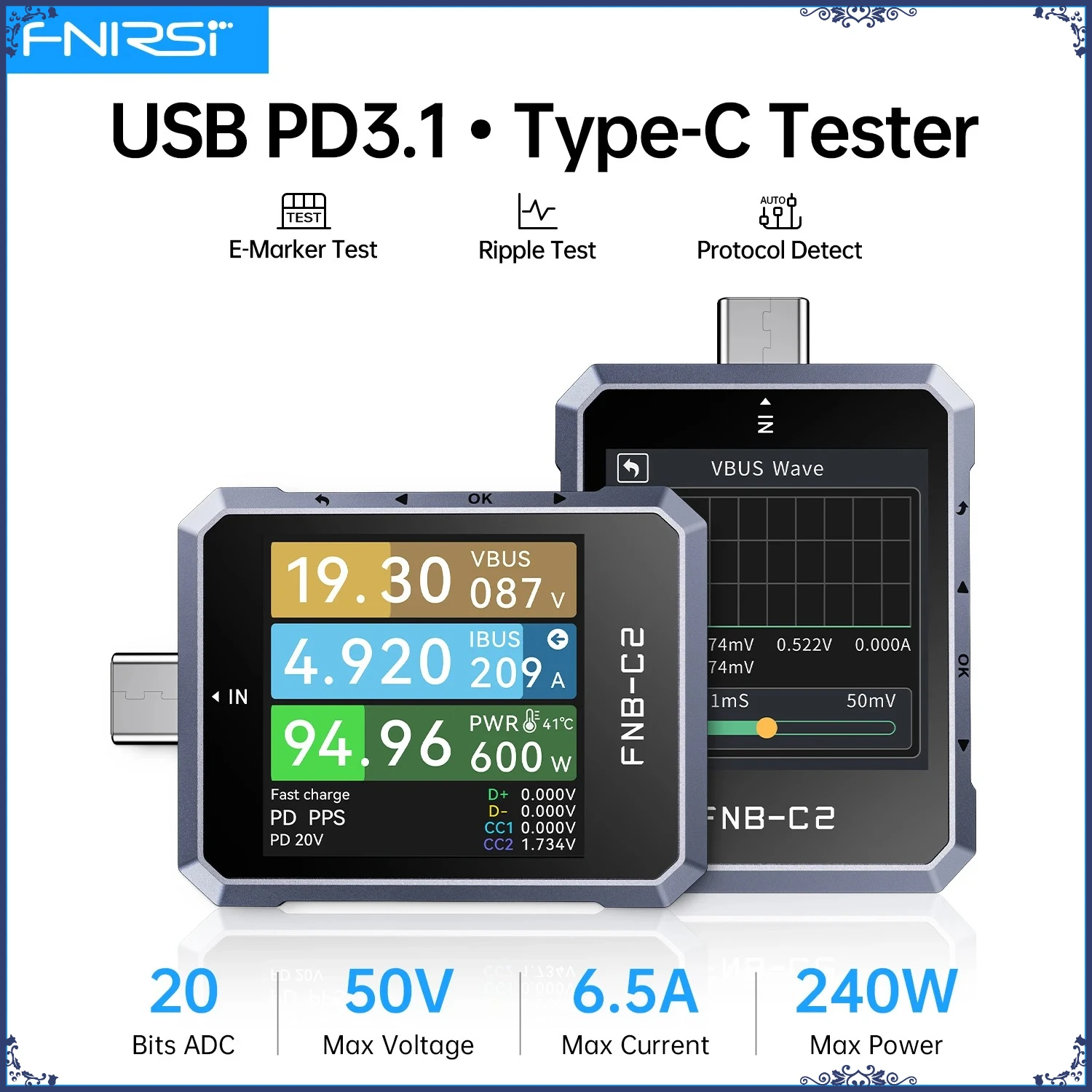 FNIRSI FNB-C2 타입-C 고속 충전 테스터 전압계 전류계 USB 테스..