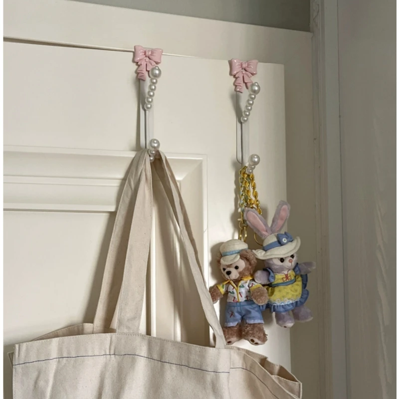 French Bow Key Holder, Double-Layered Pearl Clothes Hooks, Charming Bedroom Door Scarf Hanger, Exquisite Wall Decor 5