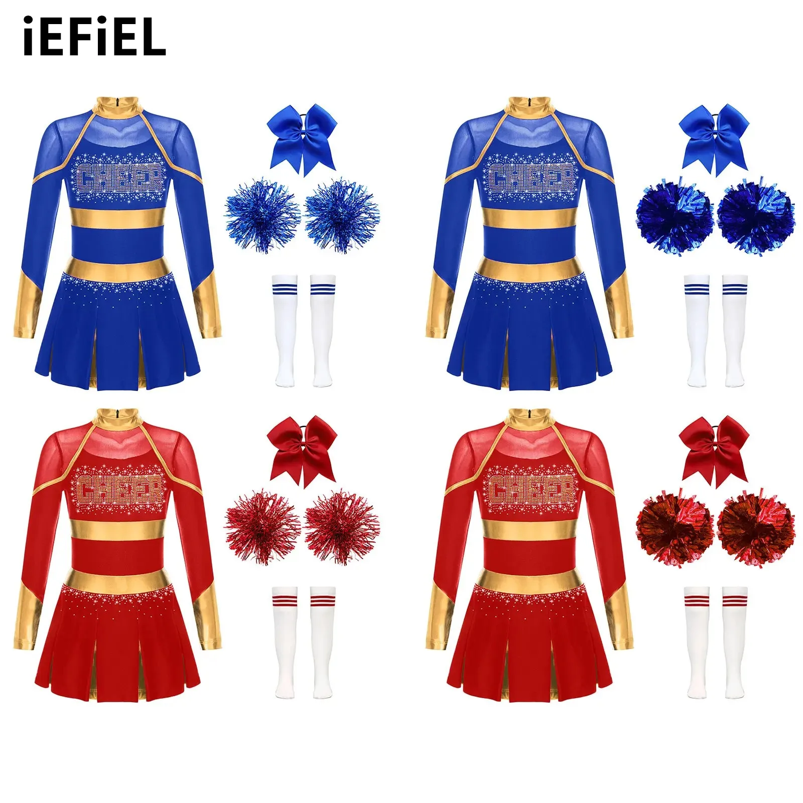 

Kids Girls Cheerleading Dress Set Glittery Rhinestones Letter Pattern Metallic Contrast Color Patchwork Pleated Dress