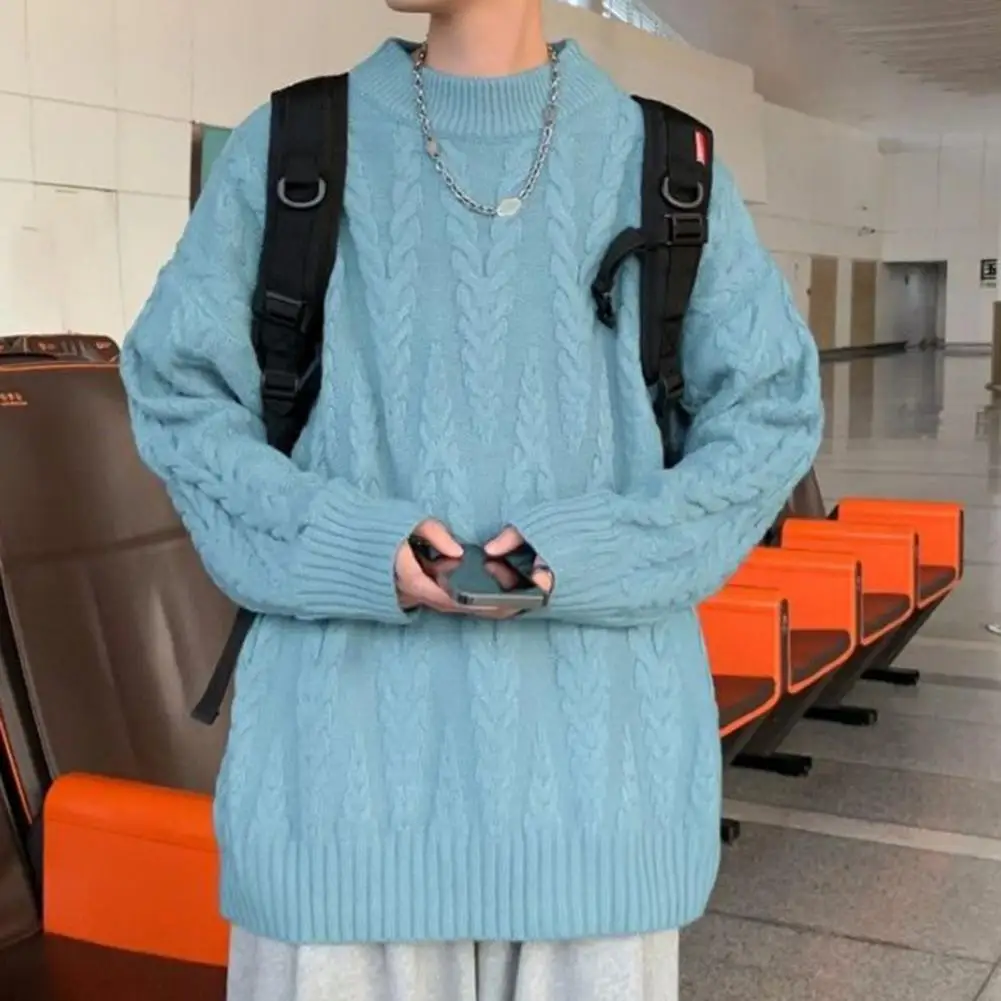

Stylish Pullover Sweater Stylish Men's Loose Fitting Knitted Sweater Solid Color Round Neck Long Sleeve for Autumn Winter