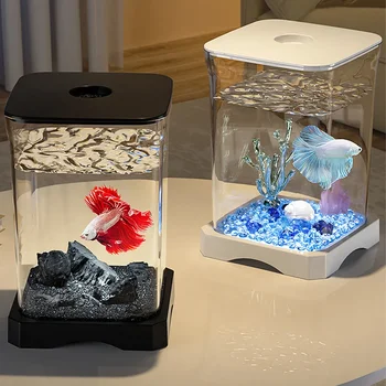 Mini Betta Fish Tank Starter Kit Aquarium Tank with Bottom Light Rectangular Mini Desktop Aquarium with Top Feeding Hole