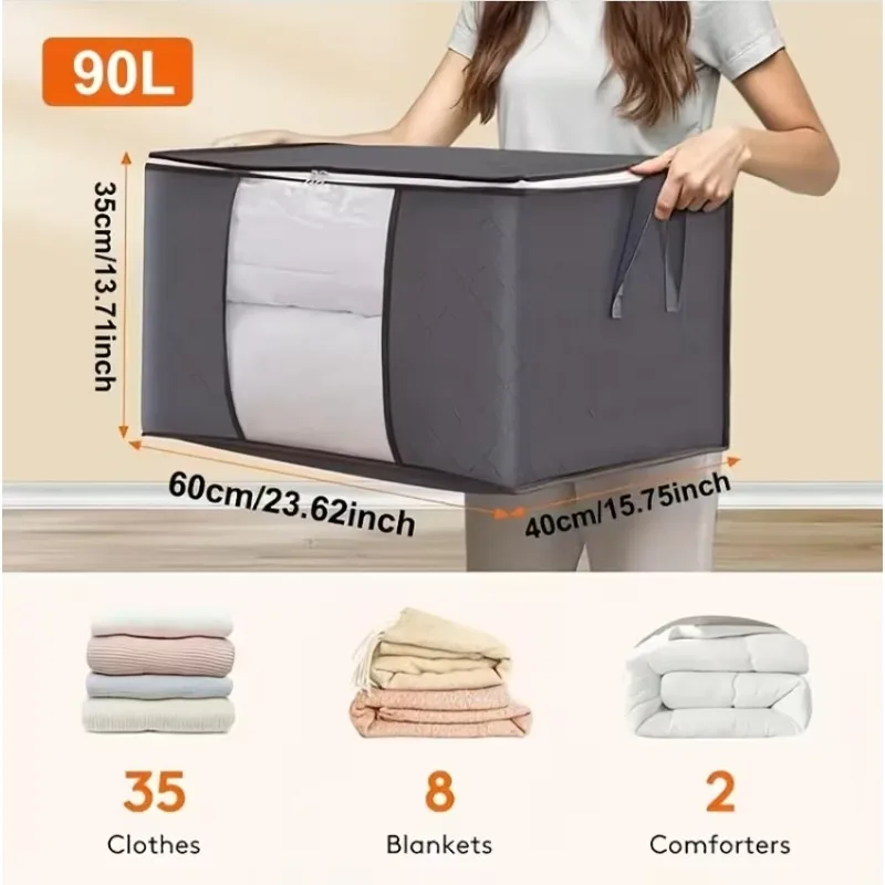 Set of 6 Large Black Storage Bags with Zippers And Lids, Holding 23.78 Gallons,Foldable And Durable Organizers for Bedding,Blank