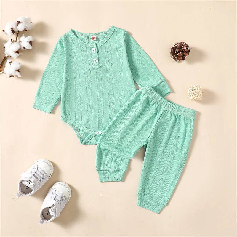 

Комплект одежды для новорожденных, однотонный комбинезон на пуговицах с длинным рукавом и штаны, Повседневная Базовая Одежда для мальчиков и девочек, на возраст 0-24 месяца, весна-осень