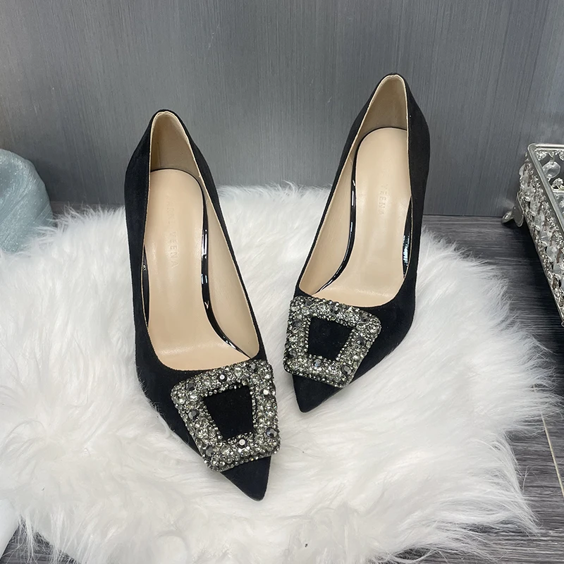 

Crystals Black Velvet Women Single Shoes Rhinestone Ladies Pumps Slip-On Tacones Para Mujer Pointed Toe Sapatos Feminino Spring