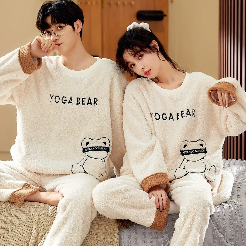 Couple Winter Flannel Pajamas Women's Coral Fleece Long Sleeves Thicken Men's Pijamas set Korean Fashion Loungewear For Lover