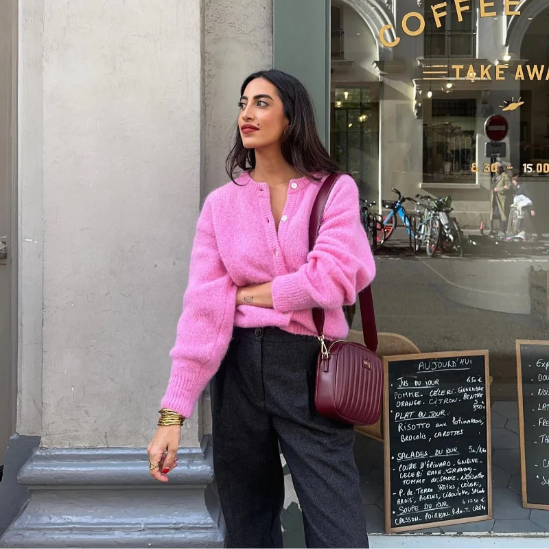 S91f2deba57ba4b4cad67cb5d6bd355cc0 Lady Chic Round Neck Mohair Cardigan Casual Loose Single Breasted Long Sleeve Sweater, Women Elegant Office Commute Knitwear Mallzona