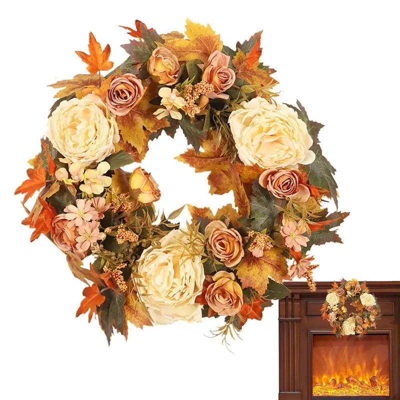 

Fall Floral Wreath Realist Autumn Wreath Decor 15.75inch Harvest Wreath Maples Leaf Peony Wreath For Thanksgiving Day Farmhouse