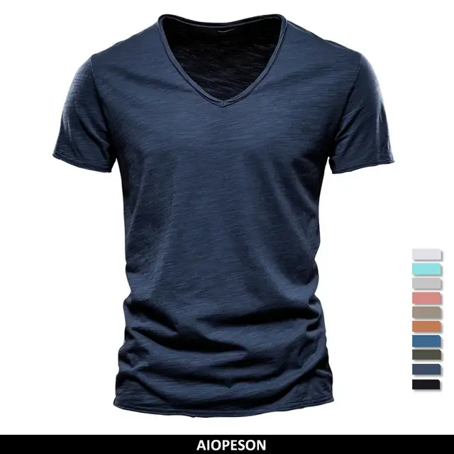 Qualité de la marque100% coton t shirt homme de marque Col en V mode homme Coupe ajustée Soild T-shirts  Hommes Hauts  manche courte t shirt homme 1