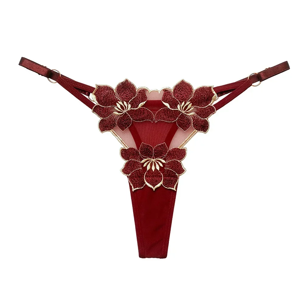 Japanese Nylon Big Flower Embroidery Mesh G-string Panties Women Sexy Transparent Adjustable T-back Thong