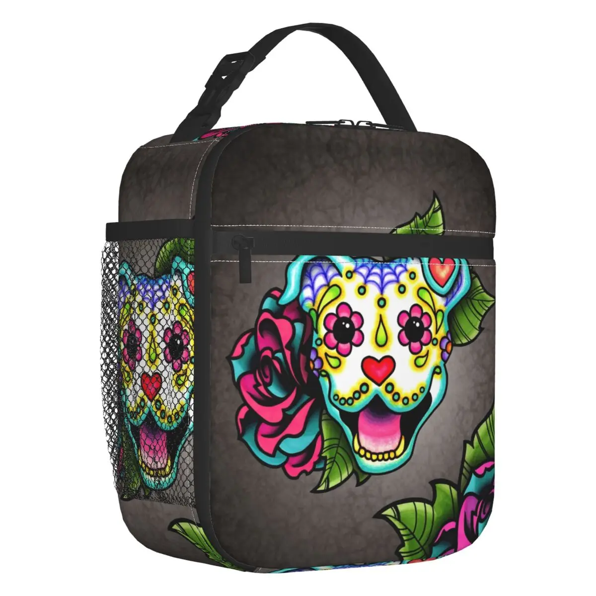 

Smiling Pit Bull In White Insulated Lunch Tote Bag Day of the Dead Pitbull Skull Dog Terrier Portable Thermal Cooler Bento Box