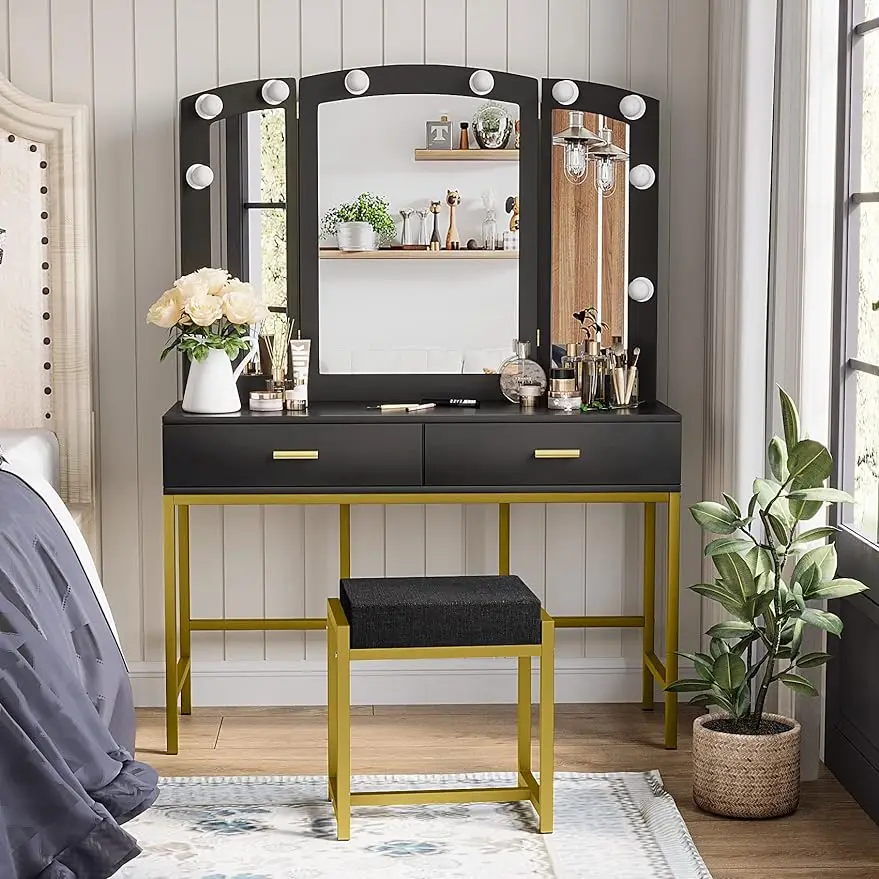 

Makeup Vanity Desk with 3 Mirrors 10 LED Light Bulbs Vanity Set with 2 Large Drawers and Cushioned Stool Gold Metal Frame Dres